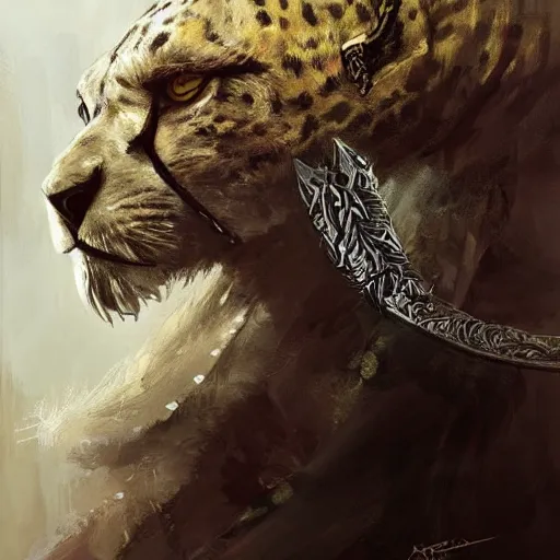 Prompt: A head shot portrait of a king with a trimmed beard, dual wielding swords, wearing dragonscale armor and a cheetah pelt cloak, fantasy, digital art by Ruan Jia