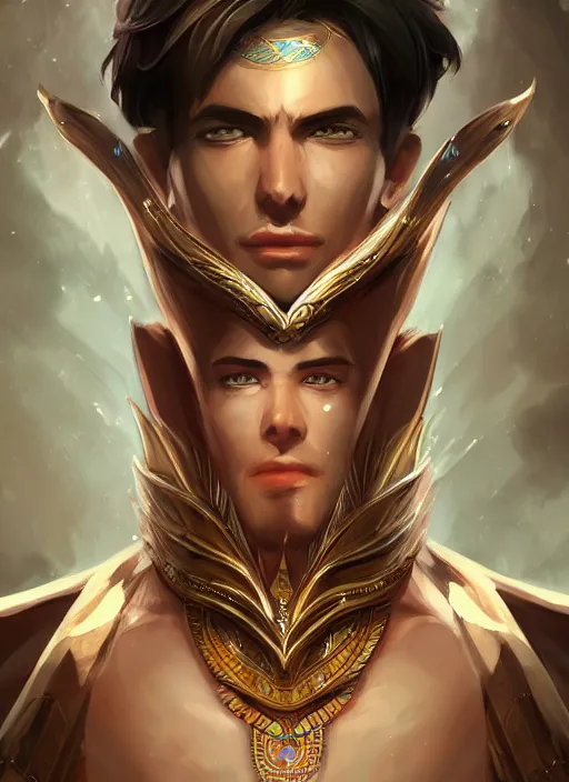 Image similar to detailed beautiful cool male character art depicting a god, egyptian, concept art, depth of field, on amino, by sakimichan patreon, wlop, weibo, bcy. net, colorhub. me high quality art on artstation.