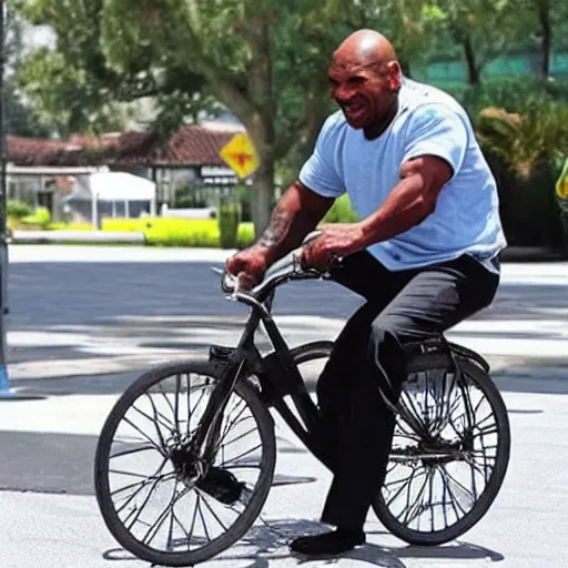 Image similar to mike tyson riding very very small bike