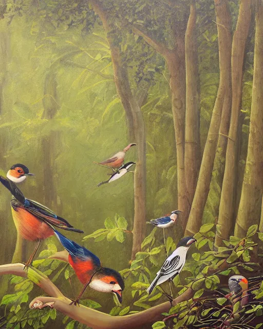 Prompt: a detailed relistic painting of a bird conference in the middle of a forest, an oil painting by benito quinquela martin, behance contest winner, american scene painting, sharp detail, behance contest winner, metaphysical painting, concert poster, poster art