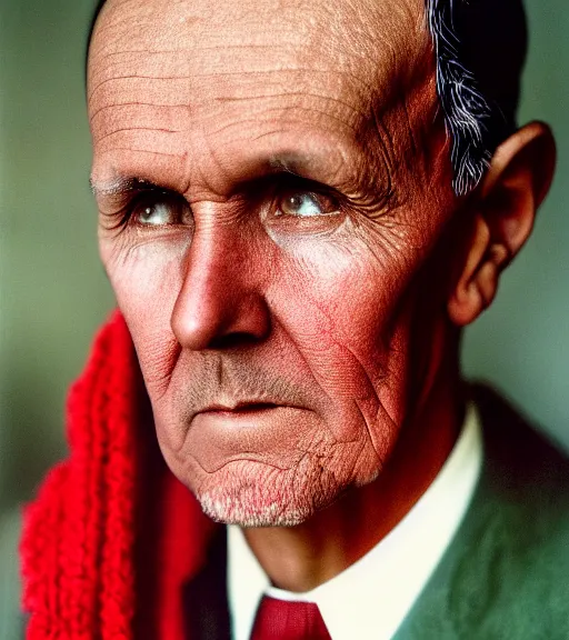 Image similar to portrait of president calvin coolidge as afghan man, green eyes and red scarf looking intently, photograph by steve mccurry