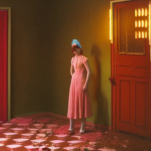 Image similar to a lonely girl in an haunted liminal abandoned room, film still by wes anderson, limited color palette, very intricate, art nouveau, highly detailed, lights by hopper, soft pastel colors