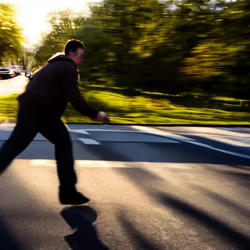 Image similar to man dodging a car speeding at him, long shadows