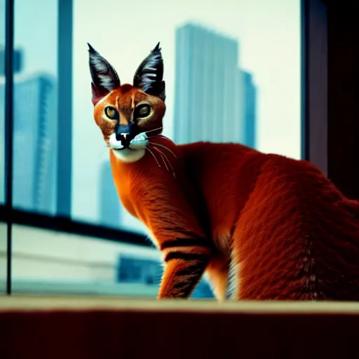 Prompt: caracal cat dressed up in a business suit american psycho, high definition, beautiful photography, 8 k.