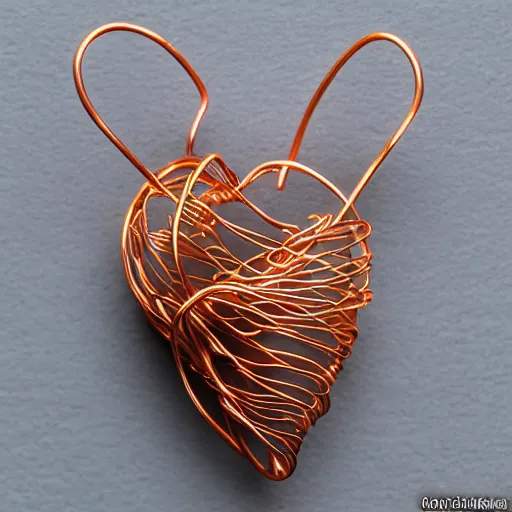 Image similar to a very beautiful tiny human heart organic sculpture made of copper wire and threaded pipes, very intricate, curved. studio lighting, high resolution, high quality, black background