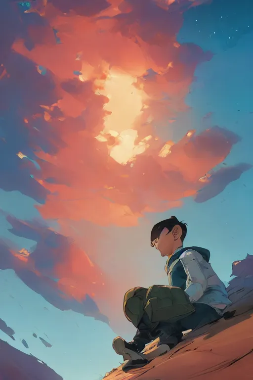 Prompt: a boy looking up into the sky seeing an anxious reflection of himself behance hd artstation by jesper ejsing, by rhads, makoto shinkai and lois van baarle, ilya kuvshinov, ossdraws, that looks like it is from borderlands and by feng zhu and loish and laurie greasley, victo ngai, andreas rocha