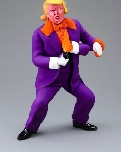 Image similar to wide angle full body photo of a maquette sculpture of donald trump as willy wonka, he is wearing a victorian era purple jacket and pants, and a velvet purple top hat over his long orange hair. he is holding a candy cane colored cane. his skin is an orange color like an oompa loompa. in the style of sideshow collectibles, highly detailed sculpture