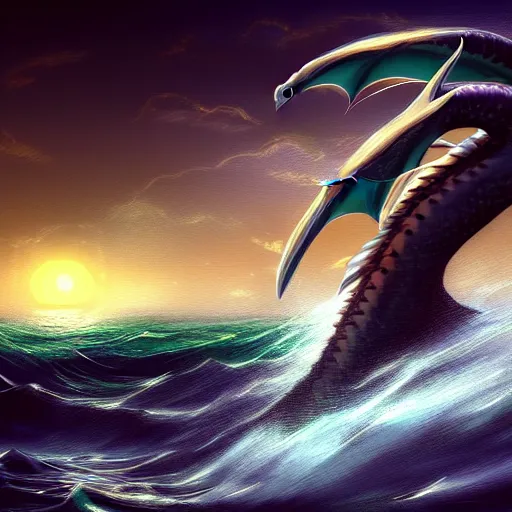 Prompt: in the style of artgerm and Thomas Kinkade, a LARGE SEA DRAGON attacking, rough seas, night, lighting, cinematic lighting