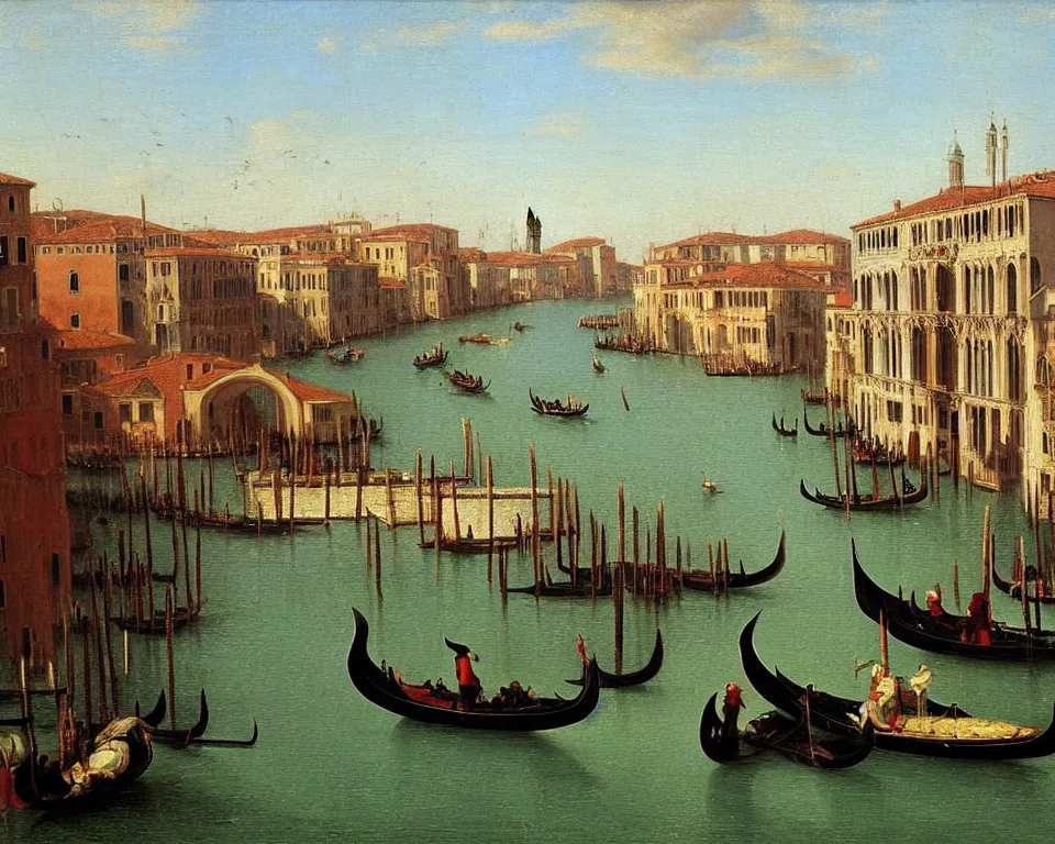 Prompt: an achingly beautiful oil painting of the grand canal in Venice by Raphael and Hopper.