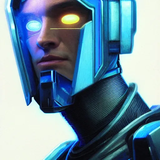 Image similar to robot with glowing blue single line visor as a realistic scifi cyberpunk knight, closeup portrait art by donato giancola and greg rutkowski, realistic face, digital art, trending on artstation, symmetry!!!