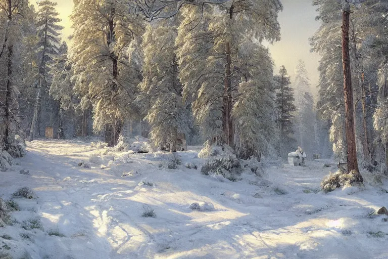 Image similar to A beautiful painting of russian village in dark forest by ivan shishkin and arkhip kuindji, trending on artstation,matte painting