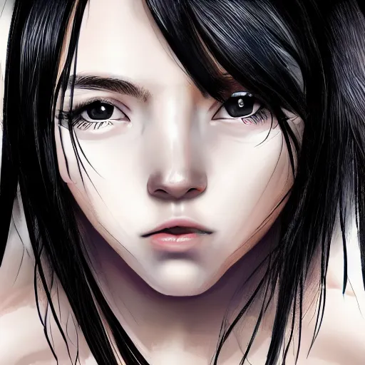 Prompt: 19-year-old girl with shaggy black hair, hair over her eyes, very long bangs, hime cut, gray skin, scar, battle scar, close up, digital art