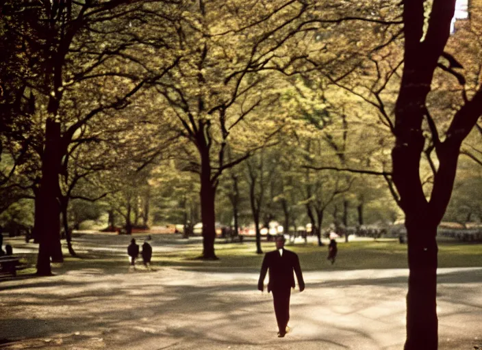Image similar to a 35mm photograph of a man walking in Central Park in New York City in the 1960's, bokeh, Canon 50mm, cinematic lighting, photography, retro, film, Kodachrome