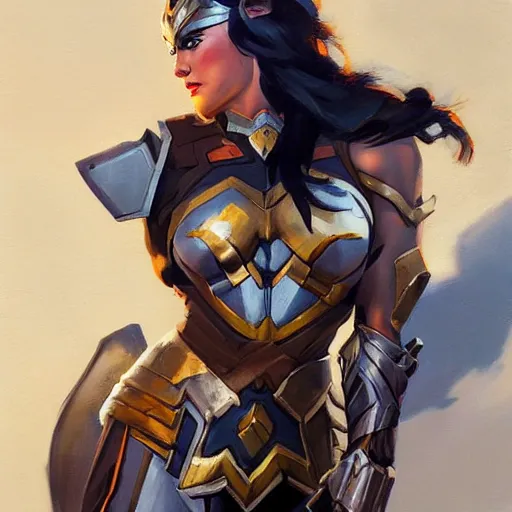 Prompt: greg manchess portrait painting of armored wonderwoman as overwatch character, medium shot, asymmetrical, profile picture, organic painting, sunny day, matte painting, bold shapes, hard edges, street art, trending on artstation, by huang guangjian and gil elvgren and sachin teng