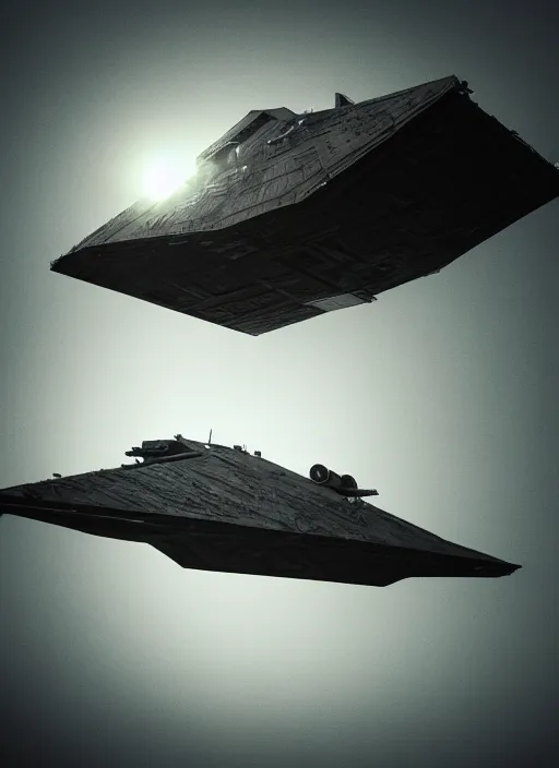 Prompt: a photorealistic dramatic hyperrealistic star wars star destroyer, ultra realistic details, beautiful dramatic dark moody tones and lighting, cinematic atmosphere, studio lighting, global illumination, shadows, dark background, octane render, 8 k