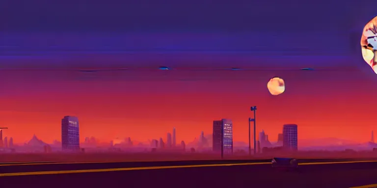 Image similar to an immaculate isometric cinematic keyframe matte painting of a sleek 1 9 7 0 s vaporwave rust belt city at dusk with an oversized moon. by eric lafforgue, glennray tutor and edward hopper, greg rutkowski. trending on artstation.