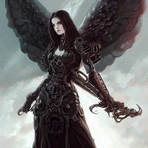 Prompt: Gothic girl angel with Warhammer 40000 armor, dark fantasy, intricate, elegant, highly detailed, digital painting, artstation, concept art, character design, smooth, sharp focus, illustration, art by artgerm and greg rutkowski and alphonse mucha