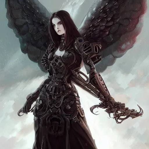 Image similar to Gothic girl angel with Warhammer 40000 armor, dark fantasy, intricate, elegant, highly detailed, digital painting, artstation, concept art, character design, smooth, sharp focus, illustration, art by artgerm and greg rutkowski and alphonse mucha