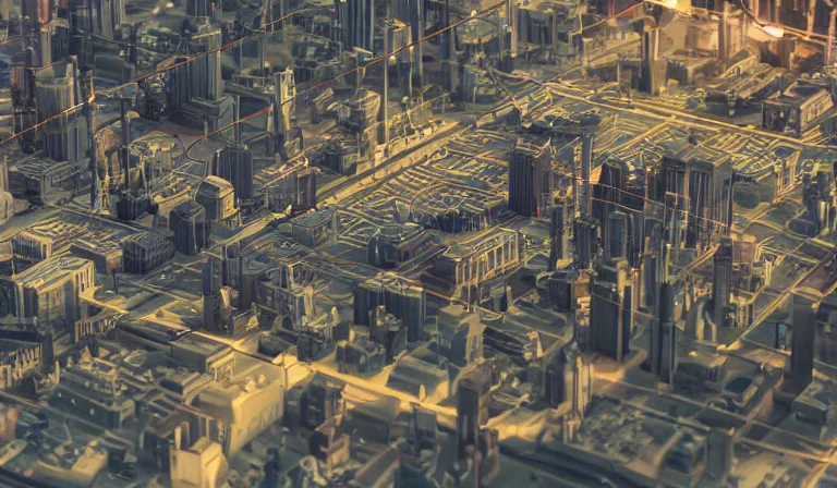 Image similar to large group people in simple warehouse, looking at hologram of futuristic cbd on a table, cinematic concept art, godrays, golden hour, natural sunlight, 4 k, clear details, tabletop model buildings, center model buildings, hologram center, crane shot, crane shot, crane shot, clear details, windows