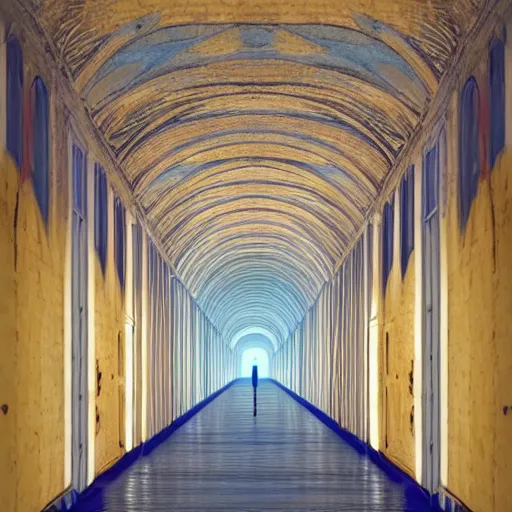 Image similar to a long colorful asylum hallway at night, arched ceiling, one point perspective, vanishing point, symmetrical composition, rich colors, dramatic lighting, by lee madgwick, photorealistic, v - ray render 8 k uhd