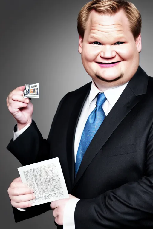 Image similar to andy richter in a suit and necktie, ultra hd photo, 3 5 mm close up, fish eye, realistic, smiling, holding a postcard from chicago