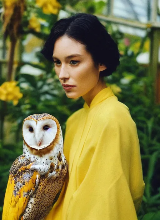 Image similar to grainy head to shoulder portrait Polaroid film photograph of an elegant top model wearing a yellow kimono with a very detailed barn owl on her shoulder!!! in a tropical greenhouse. looking at the camera!!. super resolution. Extremely detailed. Polaroid 600 film. art by James Gurney.