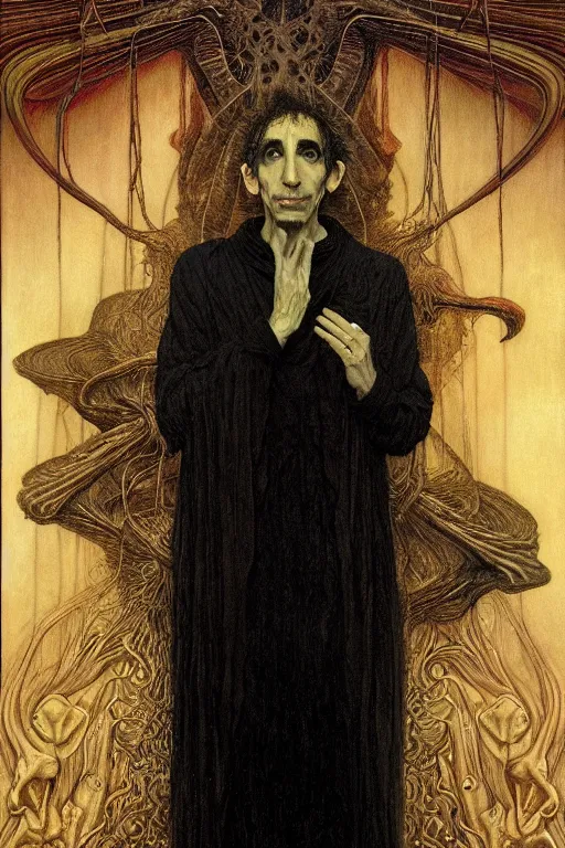 Image similar to an occult art portrait of douglas rushkoff by wayne barlowe, gustav moreau, goward,  Gaston Bussiere and roberto ferri, santiago caruso, and austin osman spare