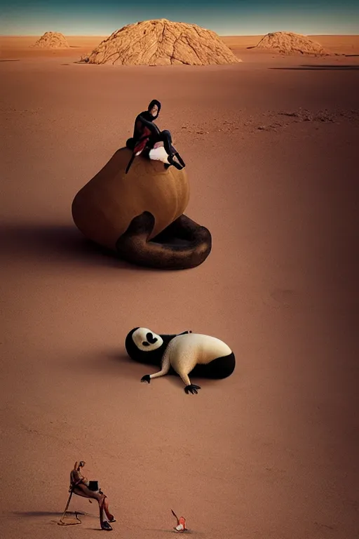 Image similar to 🐼 as 🦕 as 👽 as 🐳, desert photography by shunji dodo and greg rutkowski and edgar maxence