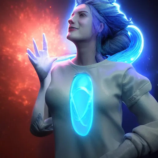 Image similar to blue plasma energy goddess smiling down on creation, dramatic lighting, hdr, hyper realistic, octane, unreal, blender, raytracing, trending on artstation