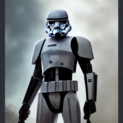 Image similar to super soldier, symmetrical portrait scifi, power armor storm trooper red and black detailed matte painting hyperdetailed trending on artstation moebius photorealism retrofuturism # film 8 k resolution back lit