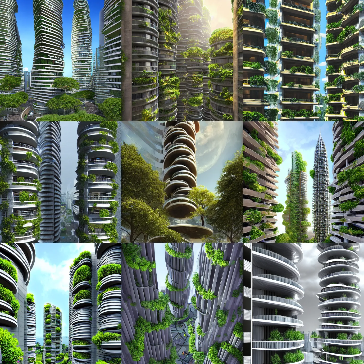 Prompt: matte painting of the street level view of spiral tower. garden balconies. ecofuturistic architecture. dynamic perspective. urban, detailed digital art trending in artstation