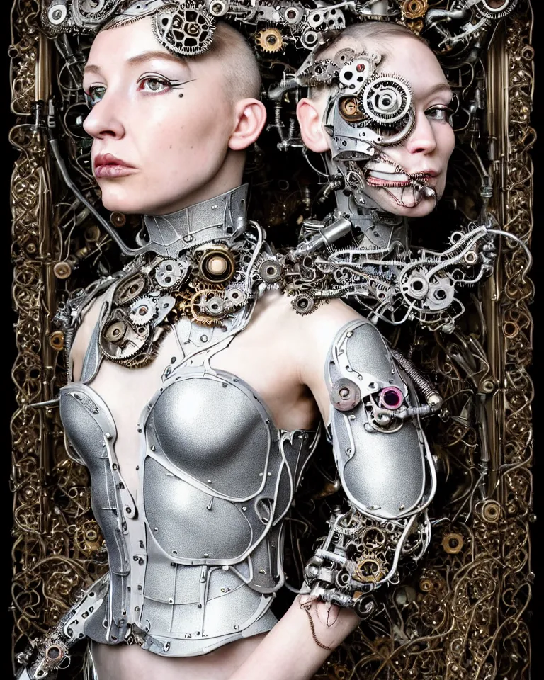 Prompt: highly detailed full body portrait of a complex bio-mechanical beautiful young female cyborg with a steampunk metal fine lace face, retrofuturistic depressing hopeless horrific vibe, full shot, pale skin, curled silver metallic hair and a fine metal floral foliage lace collar by Alexander McQueen:: high fashion, haute couture, rococo, steampunk, fine silver filigree details, anatomical, facial muscles, cable wires, microchip, elegant, hyper realistic, 150 mm lens, soft rim light, octane render, unreal engine, volumetric lighting, 8k, muted reflective metallic coloring, sharp focus