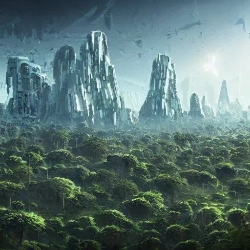 Image similar to a sprawling city landscape, overgrown, alien planet, high rises, oblong formations, crooked angles, uhd, 8 k, digital art, award winning,