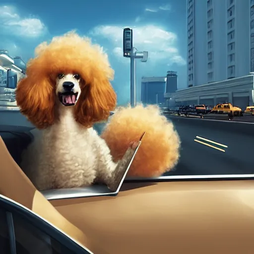 Image similar to fluffy poodle [ [ sticking its head out of the window ] ]!!, driving a cybertruck in las vegas, [ digital art ]!!, trending on cgsociety