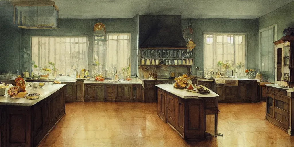 Prompt: a hiper intricate watercolor of a beatiful modern kitchen, extremely detailed, sharp focus, wide view, smooth, digital illustration, colorfull, by william turner art, by greg rutowski, by carl larson, by edmund dulac