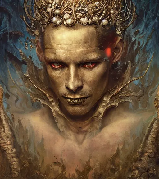 Image similar to portrait of the king of the underworld, surrounded by skulls and overgrowth by karol bak, Tomasz Alen Kopera, James Jean, tom bagshaw, rococo, trending on artstation, cinematic lighting, hyper realism, octane render, 8k, hyper detailed.