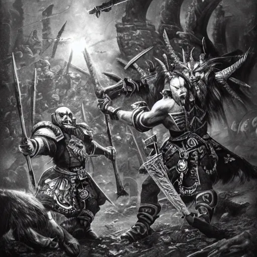 Prompt: raymond van barneveld in battle. warhammer fantasy artwork. black and white.