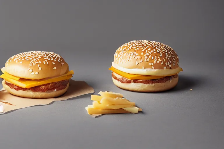 Image similar to mcdonalds fifty cheese slices between two sesame seed buns, commercial photograph