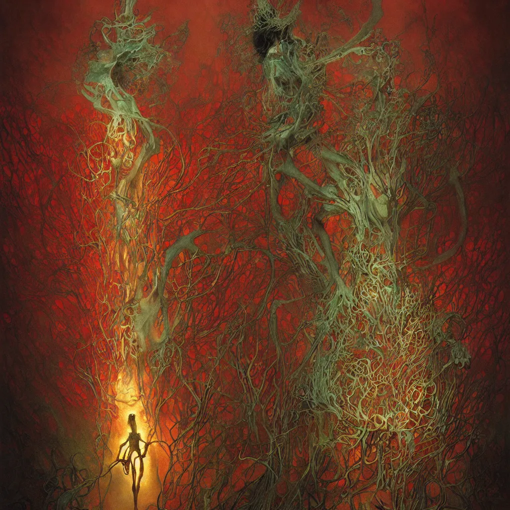 Image similar to colorful fungus monsters by beksinski, red veins by alphonse mucha, intense lighting, light beams, lens flare, intricate, elegant, nightmare, highly detailed, digital painting, artstation, concept art, smooth, sharp focus, illustration