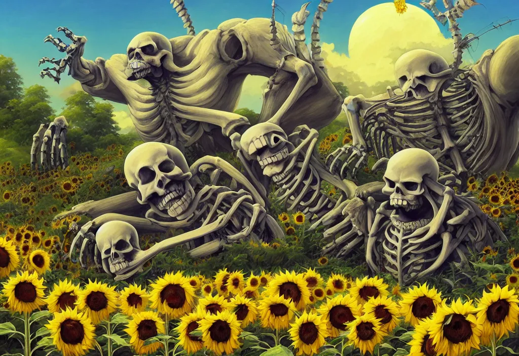 Image similar to chubby giant monster bones and skeletons in the countryside with sunflower in the foreground, intricate oil painting, high detail illustration, sharp high detail, manga and anime 1 9 9 9, official fanart behance hd artstation by jesper ejsing and makoto shinkai, 4 k,