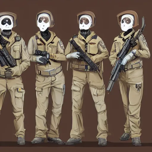 Prompt: ghoul security officers with glowing red skin in beige uniforms and helmets holding bullpup rifiles in a brutalist office setting trending on artstation digital painting 4 k sharp detail high quality