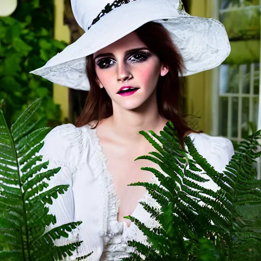 Image similar to wearing raybands full body fashion model emma watson smokey eyes makeup eye shadow fantasy, glow, shimmer as victorian woman in a long white frilly lace dress and a large white hat having tea in a sunroom filled with flowers, roses and lush fern flowers ,intricate, night, highly detailed, dramatic lighting , high quality