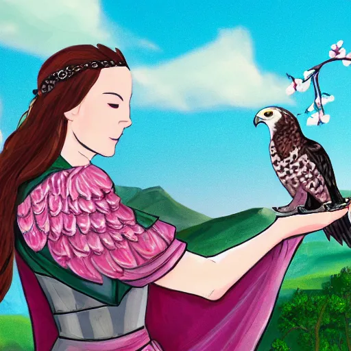 Prompt: a celtic woman falconer catching a white falcon on her arm. behind her are pink mountains, puffy clouds, and cherry blossoms blowing in the wind. concept art.