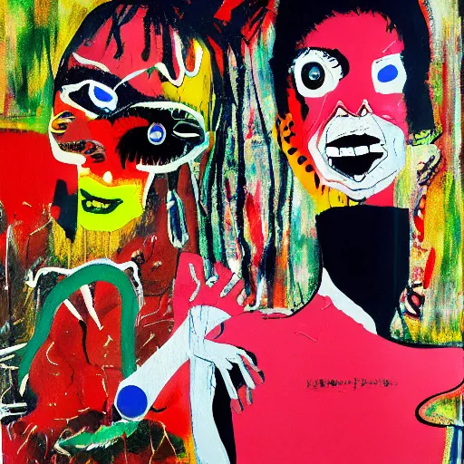 Image similar to acrylic painting of two bizarre psychedelic goth women kissing in japan in spring, speculative evolution, mixed media collage by basquiat and jackson pollock, maximalist magazine collage art, sapphic art, psychedelic illustration