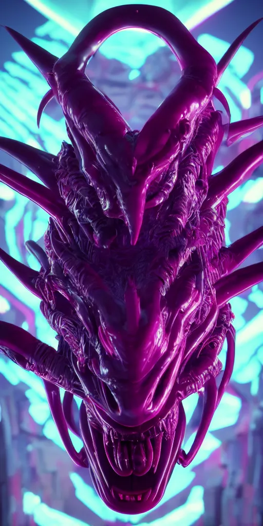 Image similar to synthwave demonic alien face with neon horns, detailed face, sharp focus, synthwave art, aesthetic, octane render, raw, cinematic