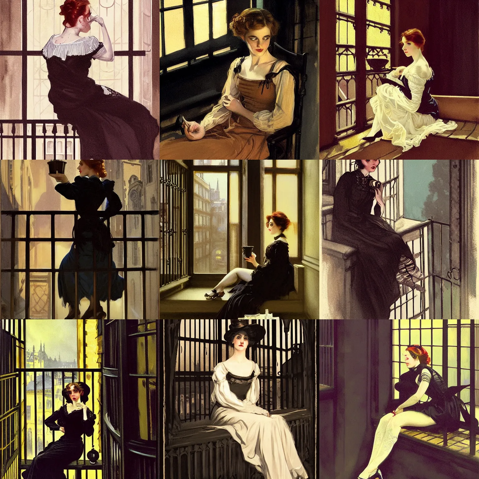 Prompt: character portrait of young lady sitting down on a fire escape drinking coffee in gothic london, gothic, john singer sargent, muted colors, moody colors, illustration, digital illustration, amazing values, art by j. c. leyendecker, joseph christian leyendecker, william - adolphe bouguerea, graphic style, dramatic lighting, gothic lighting
