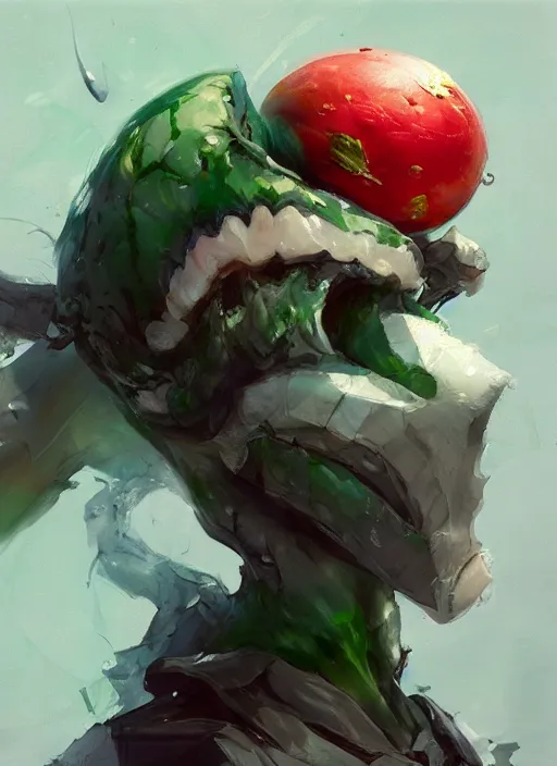 Image similar to semi reallistic gouache gesture painting, by yoshitaka amano, by ruan jia, by Conrad roset, by dofus online artists, detailed anime 3d render watermelon monster, watermelon terrible monster, antrophomorfic watermelon, portrait, cgsociety, artstation, rococo mechanical, Digital reality, sf5 ink style, dieselpunk atmosphere, gesture drawn