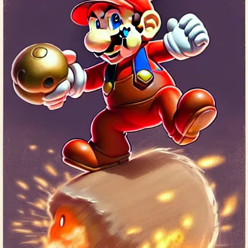 Image similar to mario stomping on a goomba, art by artgerm and greg rutkowski and alphonse mucha