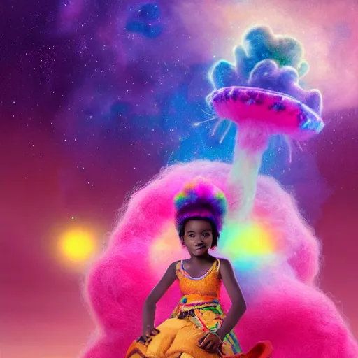 Prompt: a cute little african egyptian princess with a colorful afro sitting on a nebula cloud throne, bright colors, synthwave, watercolor, volumetric wool felting, felt, macro photography, children illustration, global illumination, radiant light, detailed and intricate environment, by goro fujita