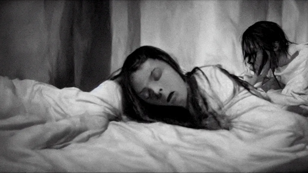 Prompt: movie still of a girl and a demon sleep paralysis, cinematic composition, cinematic light, criterion collection, by edgar allan poe